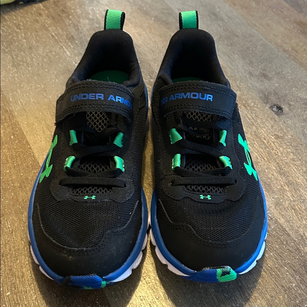 Under Armour Kids' Black and Blue Sneakers with Green Accents